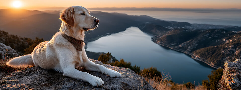 Realistic photo of a dog doing yoga on a mountain at sunset