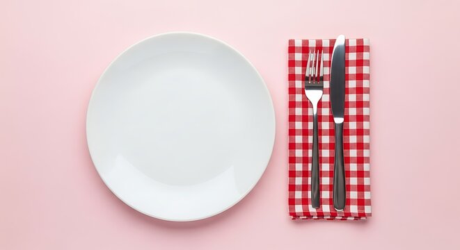 Empty oval white plate with red and white gingham napkin and silverware