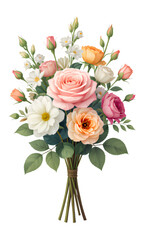 Pink Rose Bouquet with White and Orange Flowers, Watercolor Illustration with Transparent Background