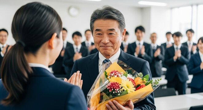 定年退職の社員に贈られる感謝の花束