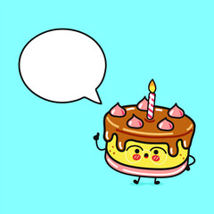 A cheerful cartoon cake character with a speech bubble, ready for a birthday celebration.