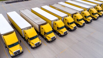 Fleet of vibrant yellow semi-trucks neatly arranged in a vast logistics depot parking area