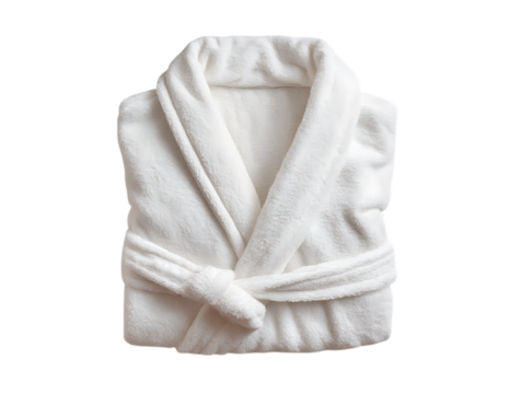 A neatly folded white bathrobe isolated on transparent on white background