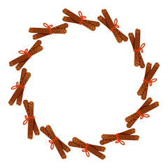 Round frame with cinnamon, wreath. Seasoning for food, drinks. Sketch of organic product for packaging, sale, shop sign. Fragrant ingredient for cooking.