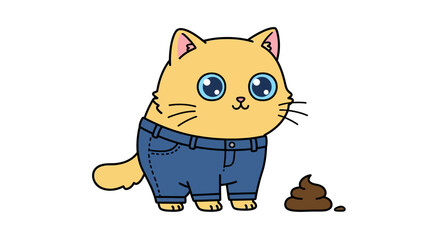 Vector Drawing of Cute Kitten in Jeans Pooping – Funny Cartoon Character for Humor Card Design