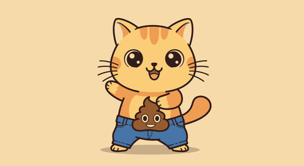 Vector Drawing of Cute Kitten in Jeans Pooping &ndash; Funny Cartoon Character for Humor Card Design