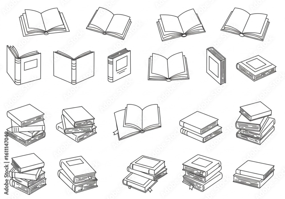 Poster collection of various open and closed books in outline style