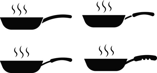 frying pan icon. frying pan with rising steam. frying pan kitchen utensil. cooking themes sign.  kitchen preparation tools