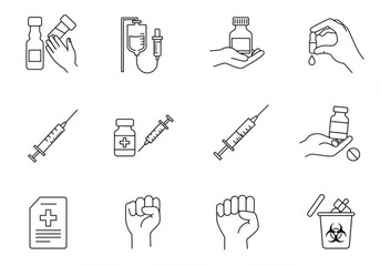 Collection of medical icons representing healthcare and treatment