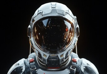 Fototapeta premium Full portrait of Caucasian female astronaut during spacewalk, black deep space background