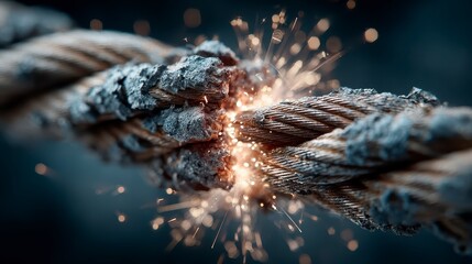 Close-up of a damaged metal rope breaking apart under tension, with visible sparks and fragments flying off dramatically.
