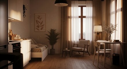Cozy Studio Apartment Interior with Natural Light and Warm Tones Emphasizing Comfortable Living