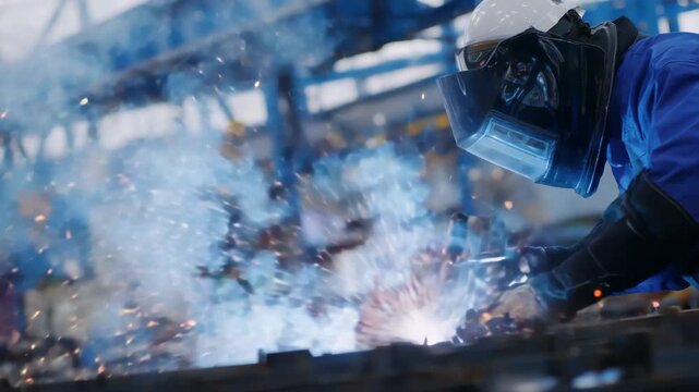 Automated arc welding with flying sparks in an industrial setting, while an inspector uses an ultrasonic device to check seam integrity.