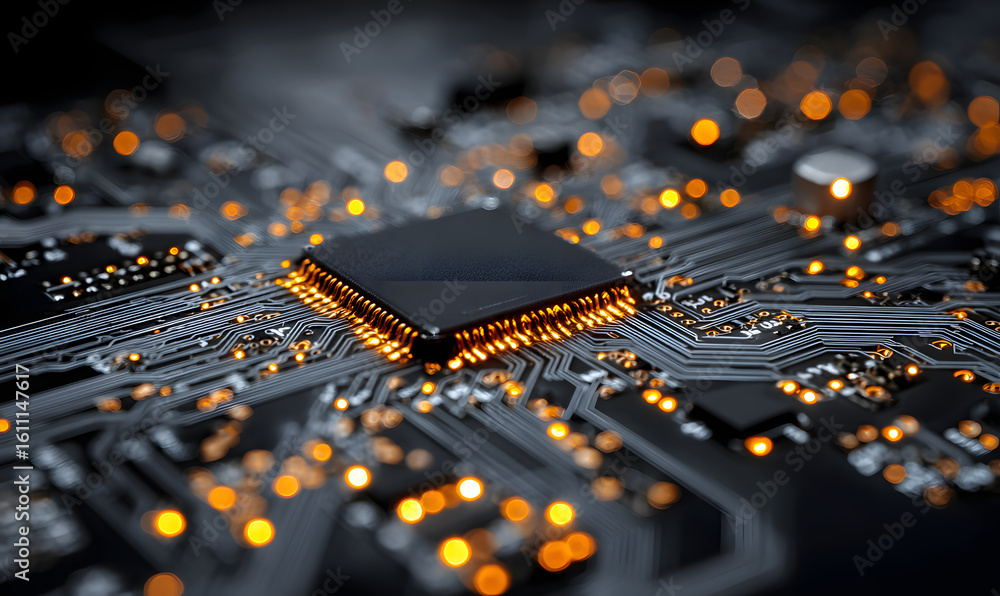 Poster macro shot showcasing the intricate details of a computer circuit board