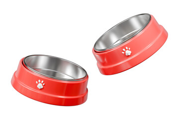 3d pet bowl icon. Dog food dish concept. Minimal cartoon red feeding bowl with paw print for pet shop isolated on white transparent background. 3d render