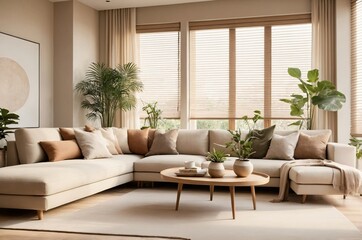 Modern living room with cozy beige sofa and indoor plants