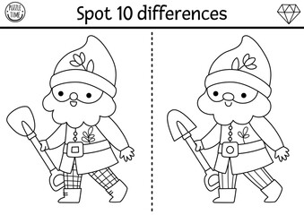 Find differences game for children. Dwarf educational activity with garden gnome. Magic forest black and white puzzle for kids. Fairytale printable worksheet, coloring page with fantasy creature