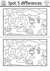 Find differences game for children. Dwarf activity with house shaped as strawberry, ladybug. Magic forest black and white puzzle for kids. Fairytale printable worksheet, coloring page