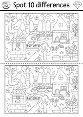 Obraz premium Find differences game for children. Dwarf black and white activity with cute garden gnomes. Magic forest puzzle for kids. Fairytale printable worksheet, coloring page with woodland scene