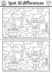 Find differences game for children. Dwarf black and white activity with cute gnome miner. Magic forest puzzle for kids. Fairytale printable worksheet, coloring page with woodland scene