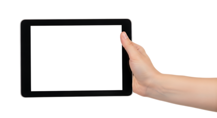 Holding a tablet device with a white screen displaying a rough map-like shape on a black background with a cutout