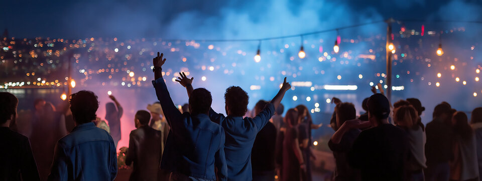 People in denim having fun at rooftop party overlooking Istanbul Bosphorus