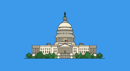 Vector American Capitol Building &ndash; Line and Flat Cartoon Illustration with Washington Background