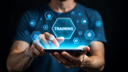 Person using smartphone with glowing digital training interface technology