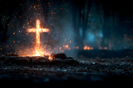 Christian cross burning in fire and smoke rising from dark ground