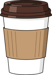 Disposable Coffee Cup Illustration with Brown Lid and Cardboard Sleeve for Hot Drinks