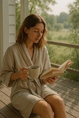 Young woman reading book while sitting on porch with coffee mug  