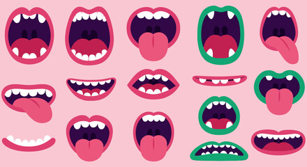 Vector Monster Mouths Open and Closed – Tongues and Teeth Cartoon Set Illustration