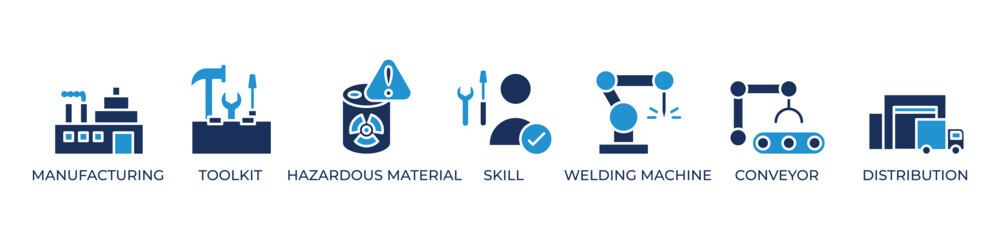 Industrial Excellence Icons set vector illustration blue with Manufacturing, Toolkit, Hazardous material, Skill, Welding machine, Conveyor, Distribution