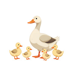 White Duck with Ducklings, Family Illustration on Transparent Background