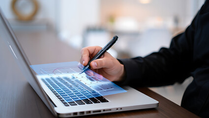 Person using stylus on digital graph over laptop business technology