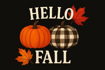 Welcome autumn with pumpkins and colorful leaves on dark background  