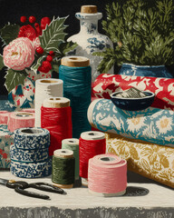 A vintage-style still life painting of sewing supplies. Colorful threads, patterned fabric, flowers, and antique tools create a cozy, artistic scene.