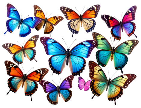 Flying Colorful Butterflies Set Vibrant Wings in Motion Isolated on Transparent Background PNG