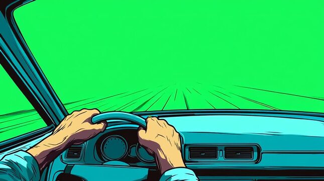 Cartoon-style driver's point of view from inside a car, showing only hands on the steering wheel. The windshield is a clean, solid green color, suitable for chroma key compositing.