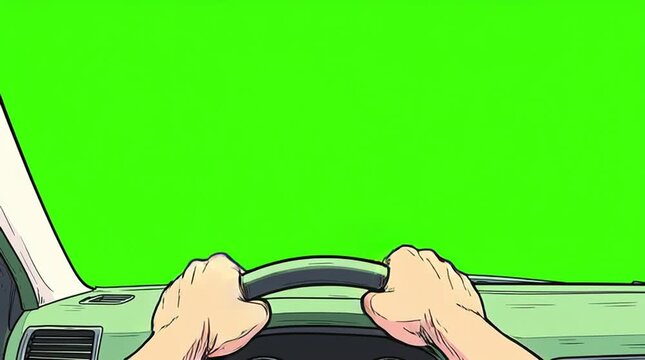 Cartoon-style view from inside a car, showing only hands on the steering wheel. The windshield has a clean green chroma key background, suitable for video editing.