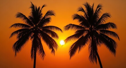 Obraz premium Two palm trees silhouetted against a vibrant orange sunset sky with the sun visible between them