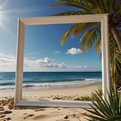 Beach Art Frame with Ocean View and Palm Leaves