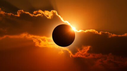 Dramatic solar eclipse through fiery clouds with corona glow
