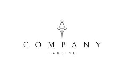 A vector logo featuring an abstract image a sword placed vertically inside a rhombus, forming a minimalistic and symmetrical emblem.