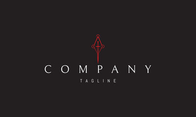 A vector red logo featuring an abstract image a sword placed vertically inside a rhombus, forming a minimalistic and symmetrical emblem.