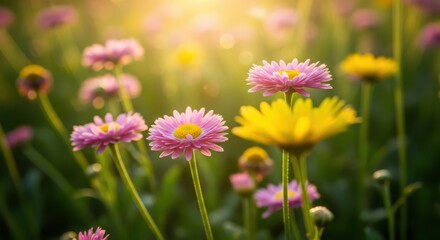 Delicate pink and yellow flowers sway gently in the warm sunlight, creating a beautiful and serene natural landscape