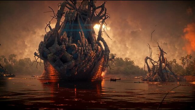 Giants Monster AlienShip invaders over parana river explode, dramatic light, cinematic look, octane render, volumetric lighting, (1)_4K_10s