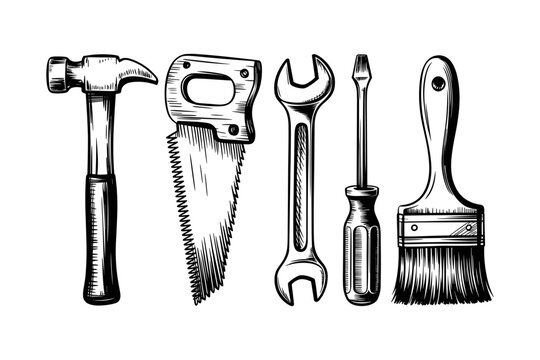 Handcrafted vintage carpenter tools, engraving style vector illustration in black line