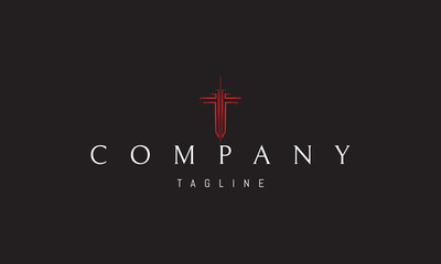 A vector red logo featuring an abstract image a sleek sword symbolizing strength, honor, and protection with clean, sharp lines.