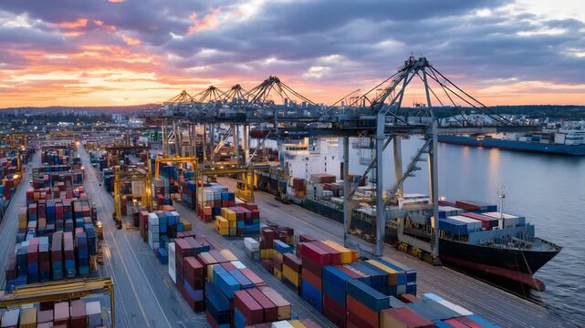 Aerial view of a vibrant industrial container yard at dawn, featuring colorful container stacks and docked ships in tranquil waters.